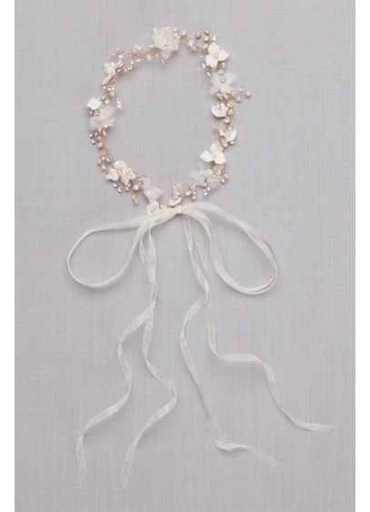 David's Bridal Pink (3D Flower Ribbon-Tie Headband with Pearls)
